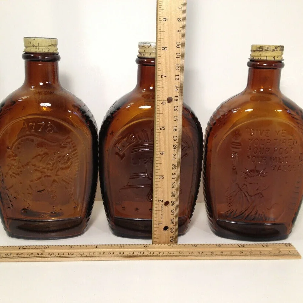 (3) Vintage Log Cabin Syrup USA Bicentennial Amber Glass Bottle 1976  Lot of 3